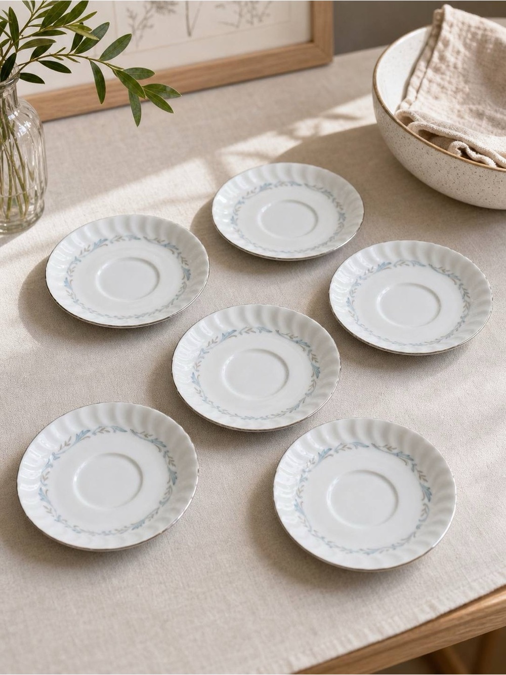 Style House Fine China Carillon Set of 6 Saucers Blue Scroll Silver Trim